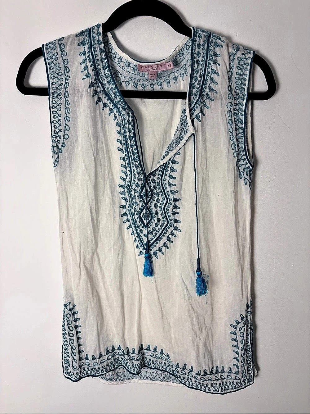 Calypso St Barth White Turquoise Embroidered Tassel Tunic XS